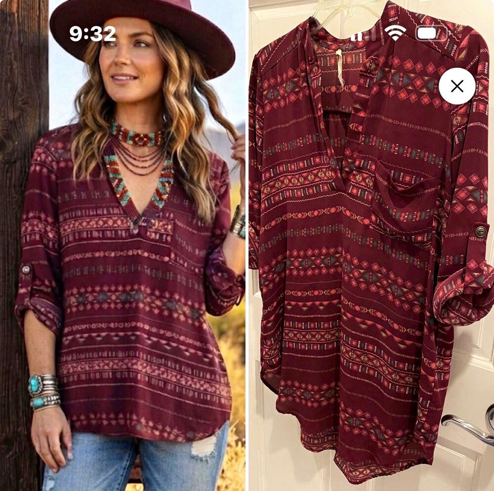 Lush Burgundy Multicolor Geometric V-Neck Pullover Blouse Roll Tab 3/4 S